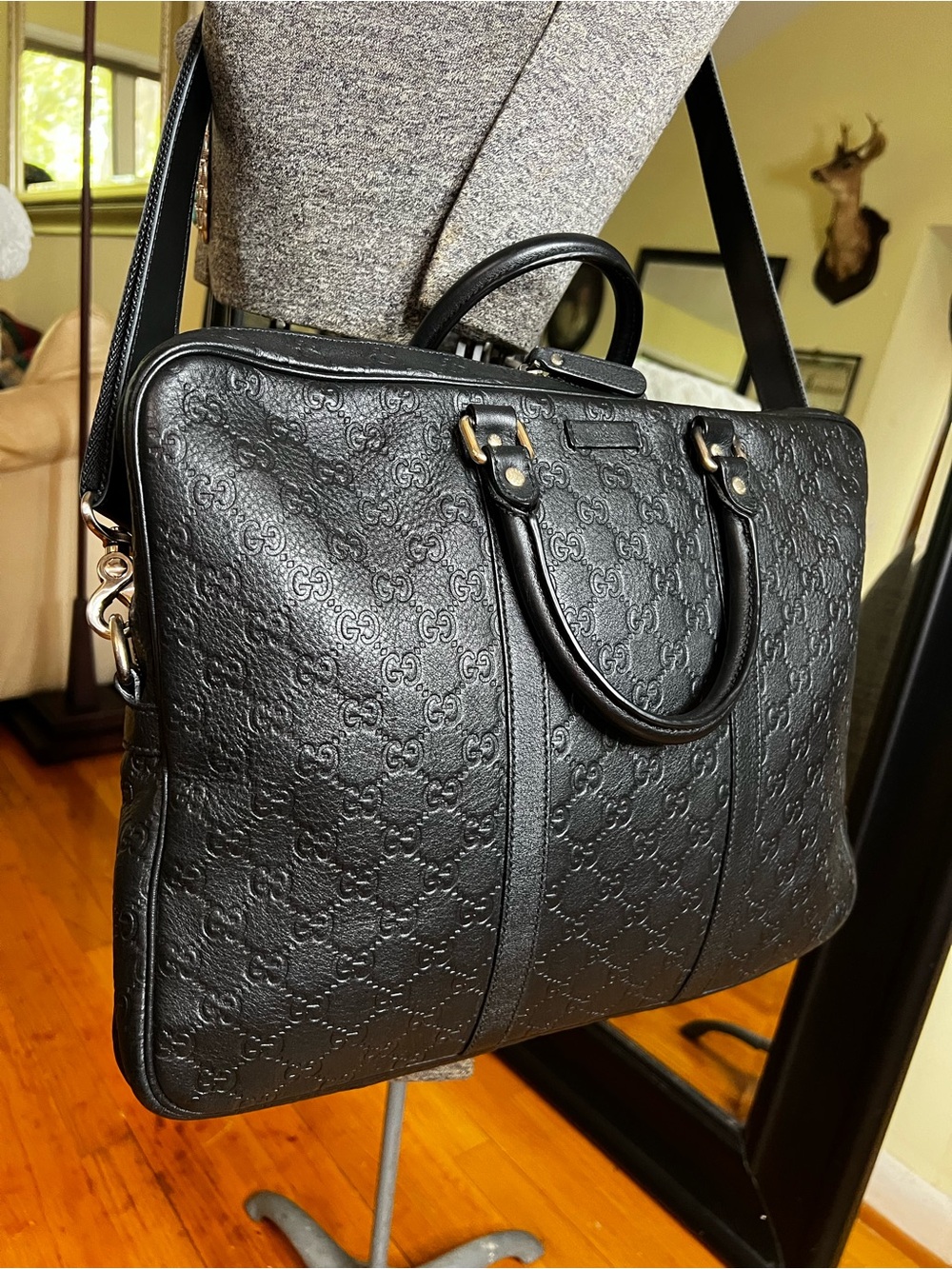 Gucci Black GG Monogram Leather Briefcase Case Bag + Entrupy COA & Dustbag